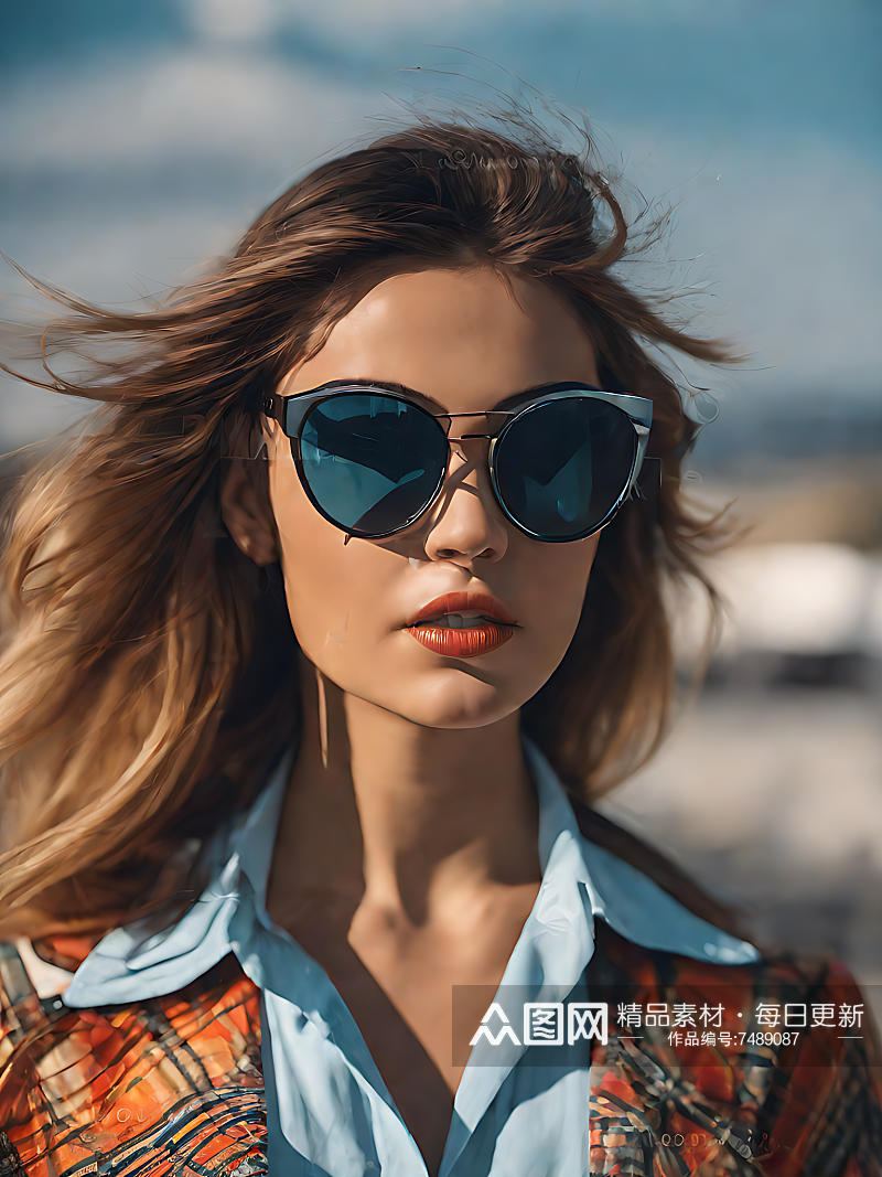 摄影风戴太阳镜的美女模特AI数字艺术素材
