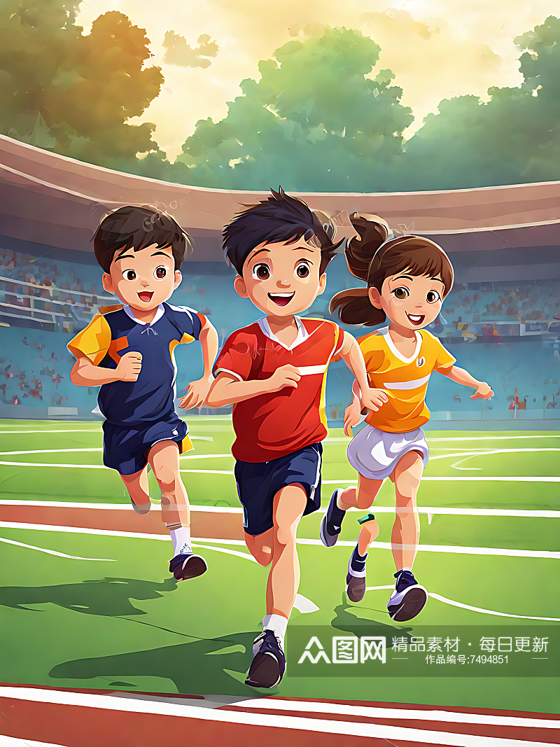 运动会中的学生卡通插画AI数字艺术素材下载-众图网