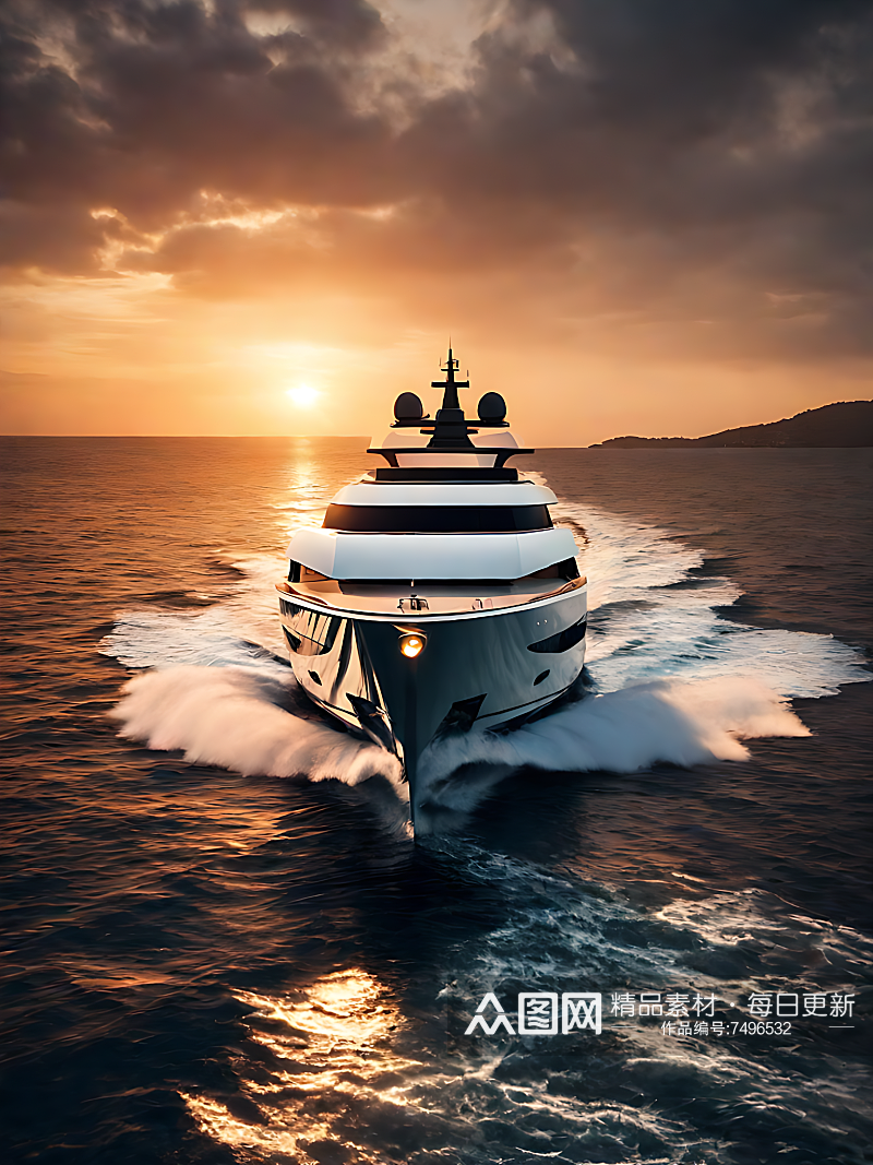 AI数字艺术摄影风夕阳现代豪华游艇素材
