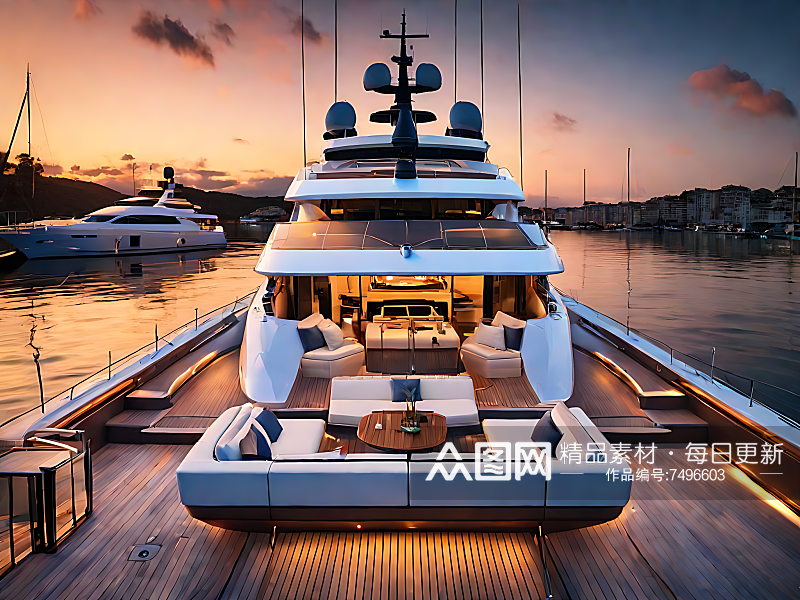 AI数字艺术摄影风夕阳现代豪华游艇素材