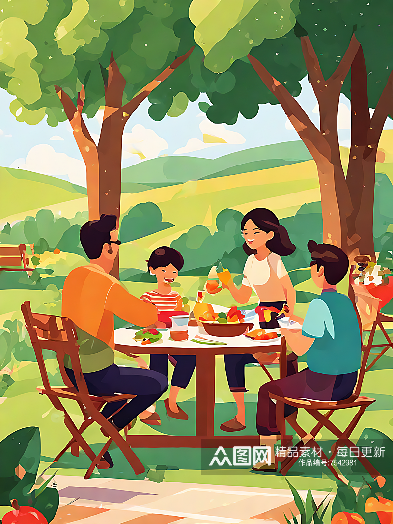 一家人野餐平面插画AI数字艺术素材