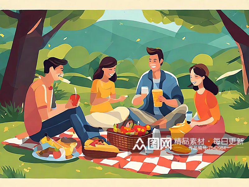 一家人野餐平面插画AI数字艺术素材