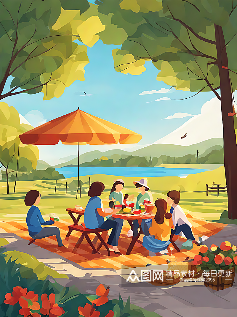 AI数字艺术一家人野餐平面插画素材