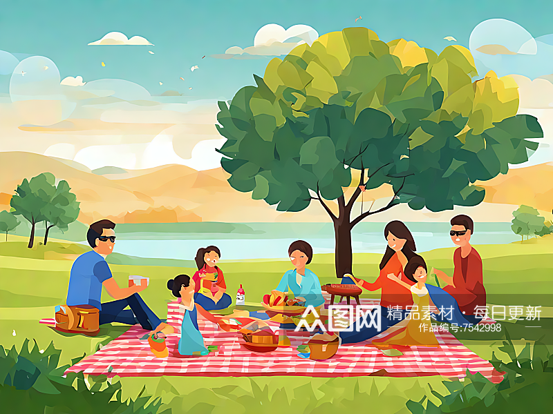 AI数字艺术一家人野餐平面插画素材