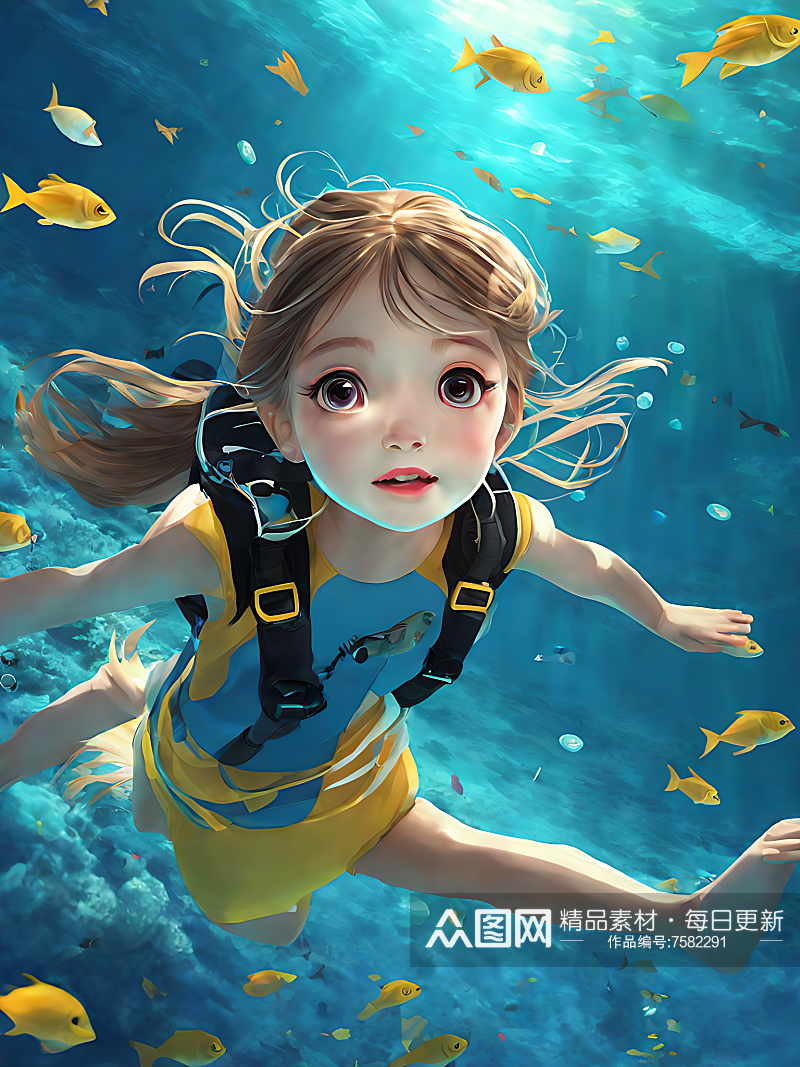 动漫风海底潜水的女孩AI数字艺术素材