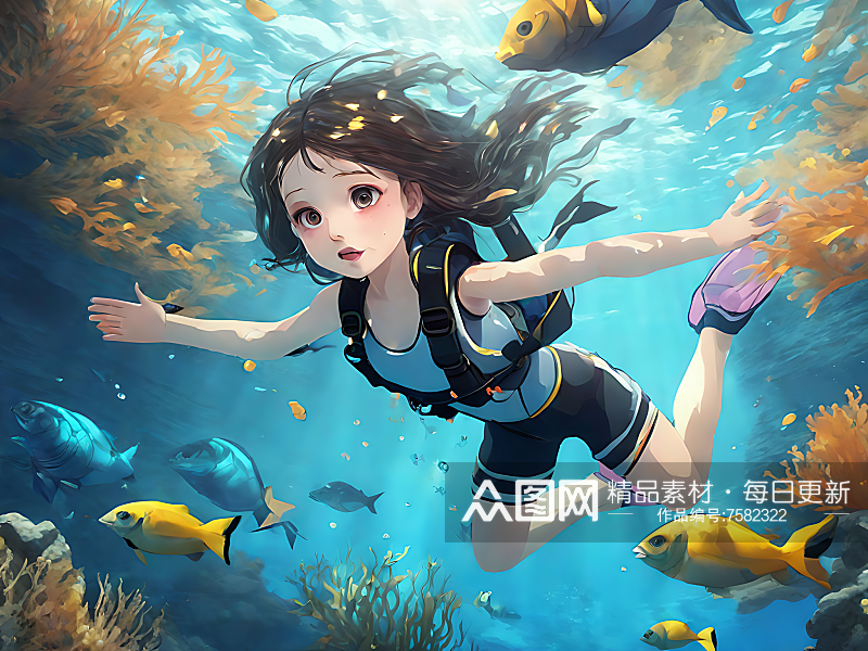 AI数字艺术动漫风海底潜水的女孩素材