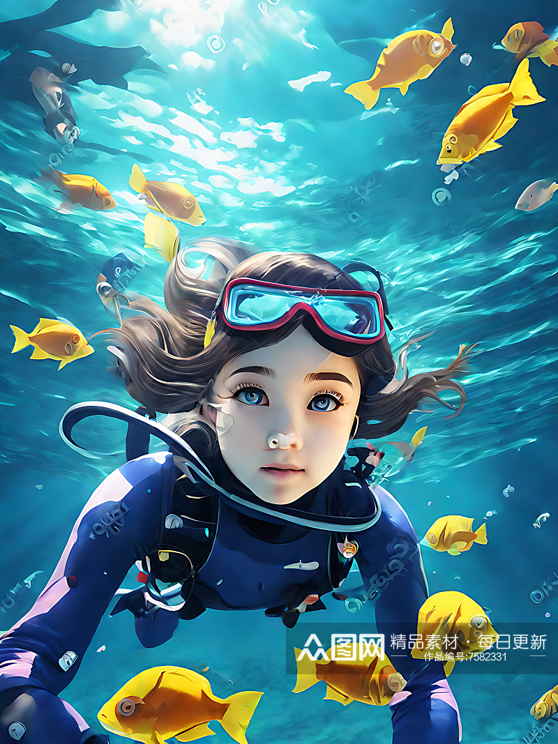 AI数字艺术动漫风海底潜水的女孩素材