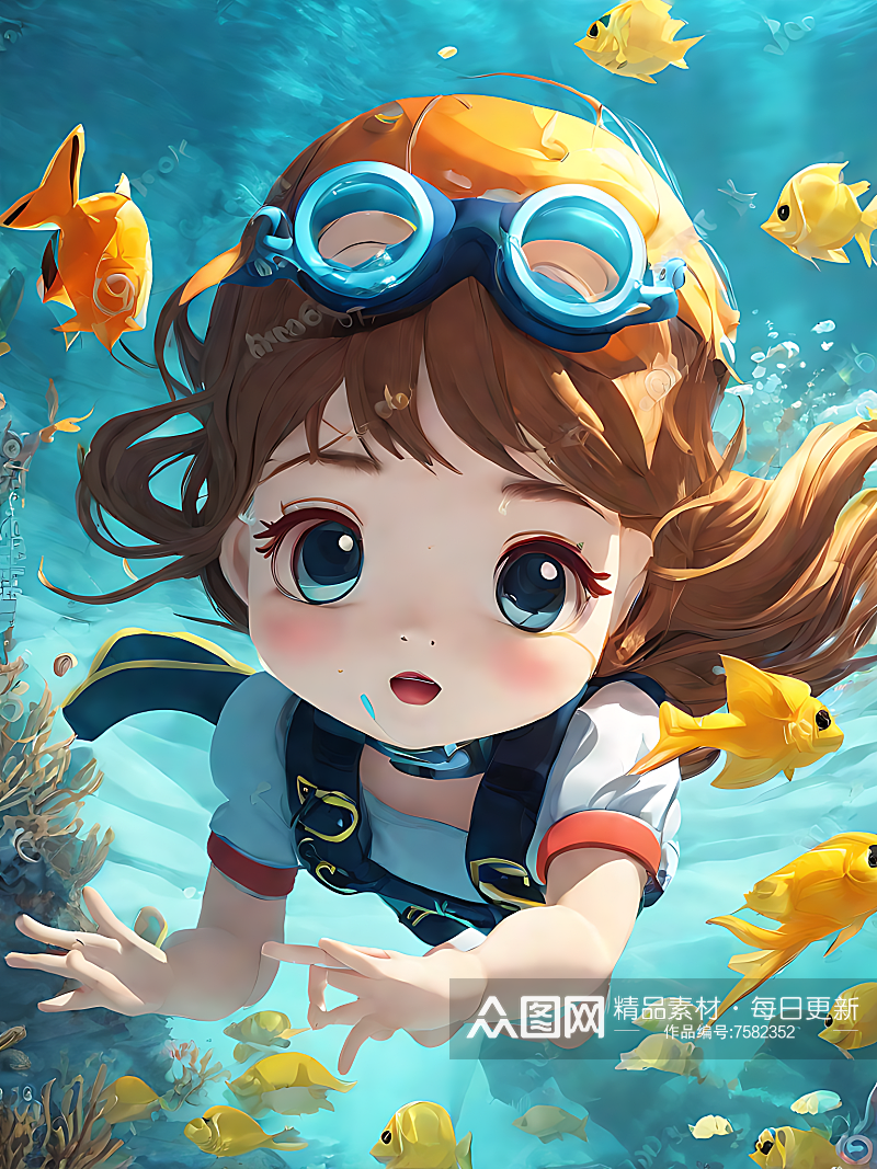 动漫风海底潜水的女孩AI数字艺术素材