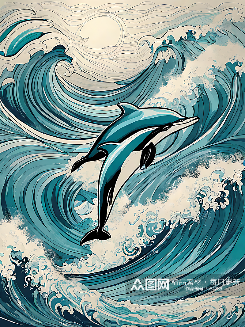 AI数字艺术海豚和浪花手绘插画素材