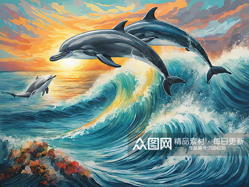 AI数字艺术海豚和浪花手绘插画素材