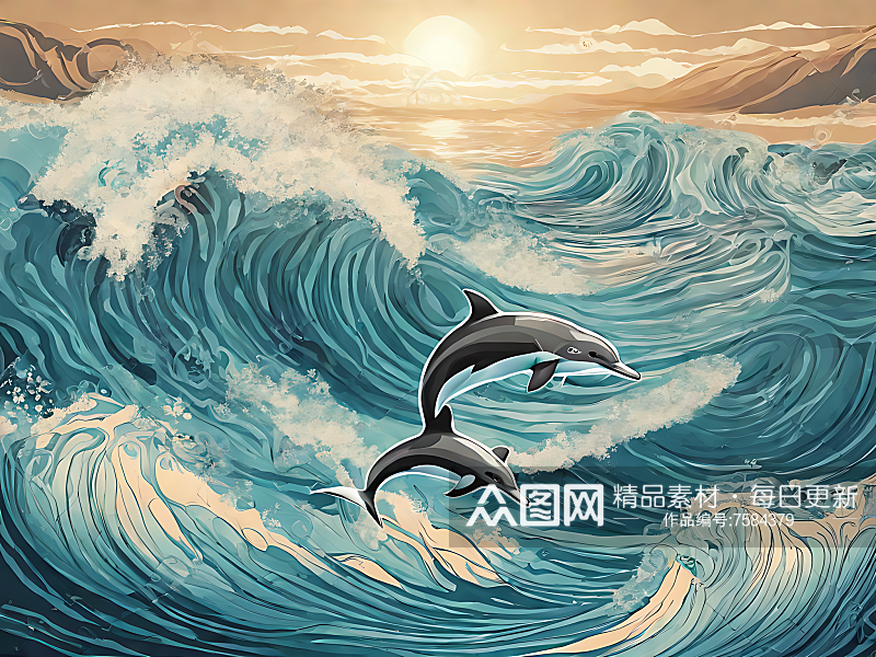 海豚和浪花手绘插画AI数字艺术素材