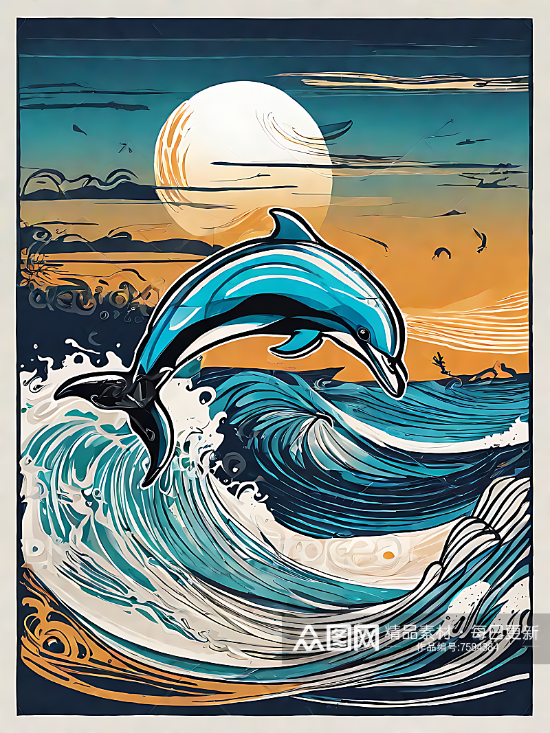 海豚和浪花手绘插画AI数字艺术素材