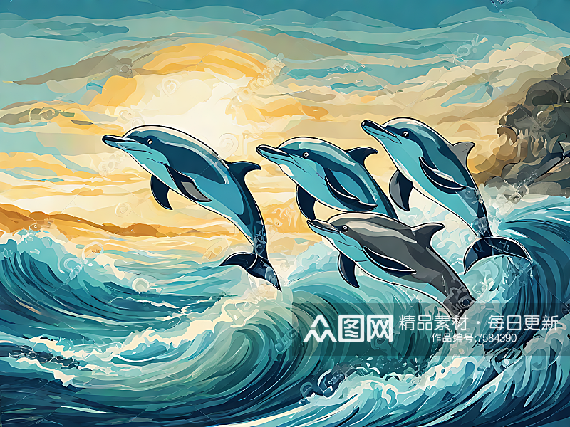 海豚和浪花手绘插画AI数字艺术素材