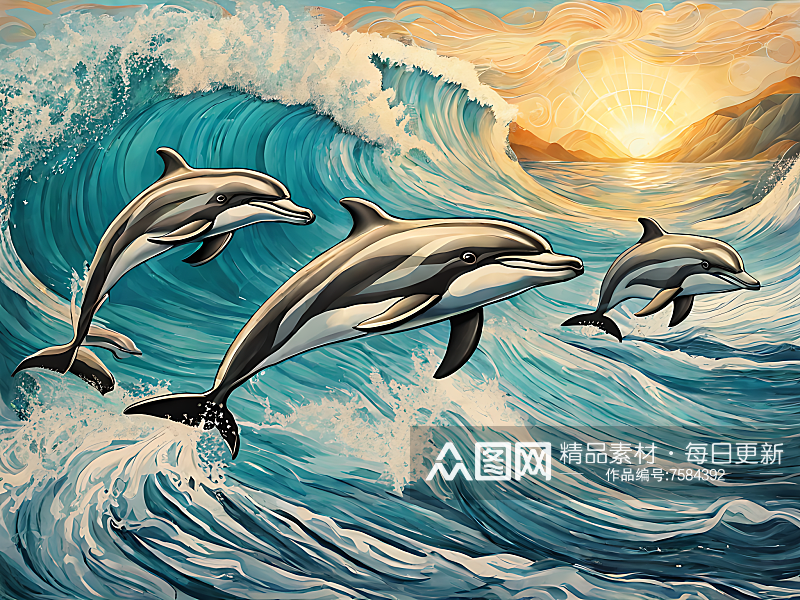 海豚和浪花手绘插画AI数字艺术素材