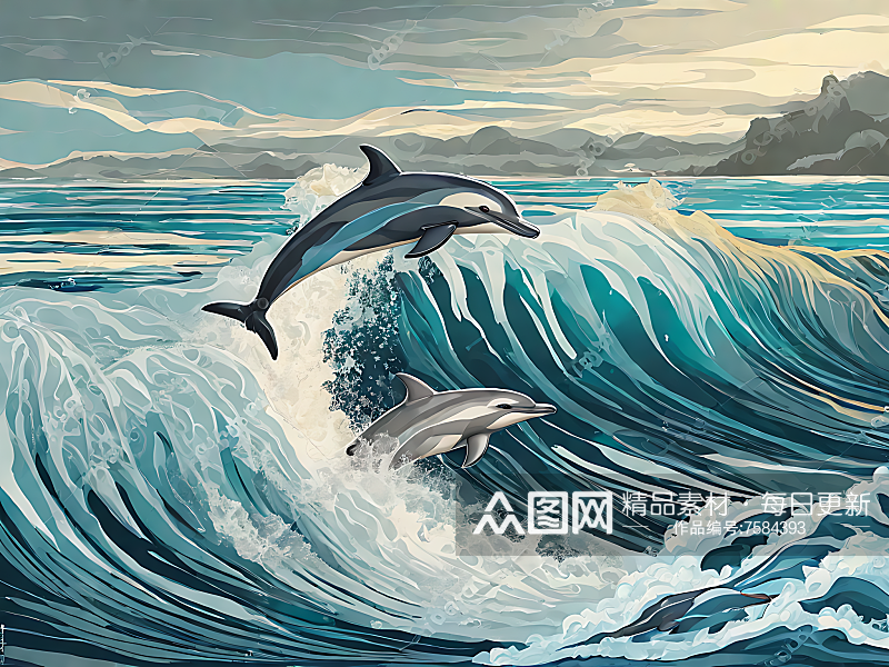 海豚和浪花手绘插画AI数字艺术素材