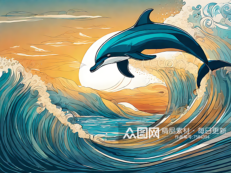 海豚和浪花手绘插画AI数字艺术素材