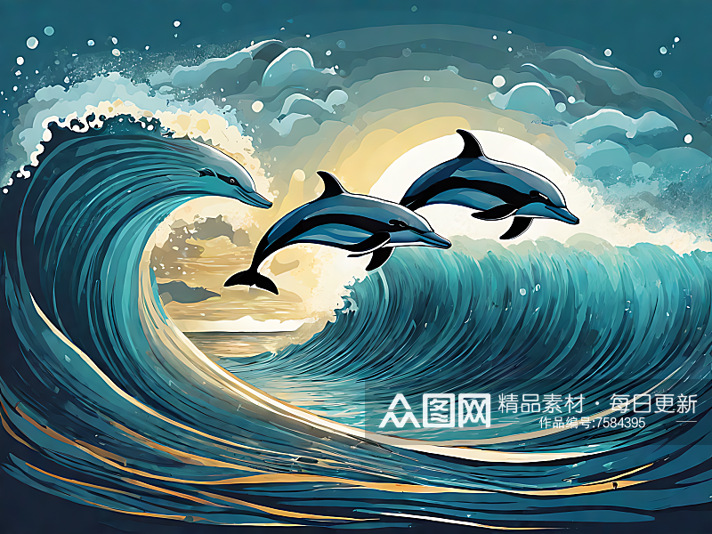 海豚和浪花手绘插画AI数字艺术素材