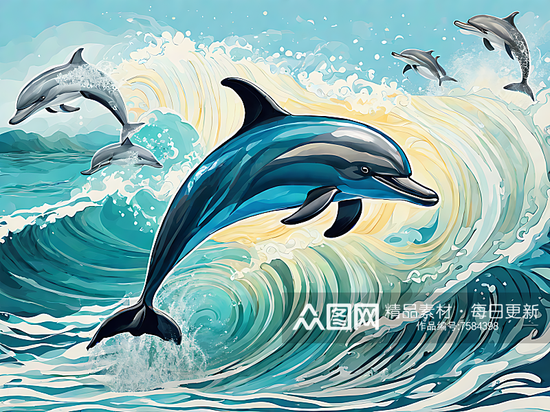 AI数字艺术海豚和浪花手绘插画素材