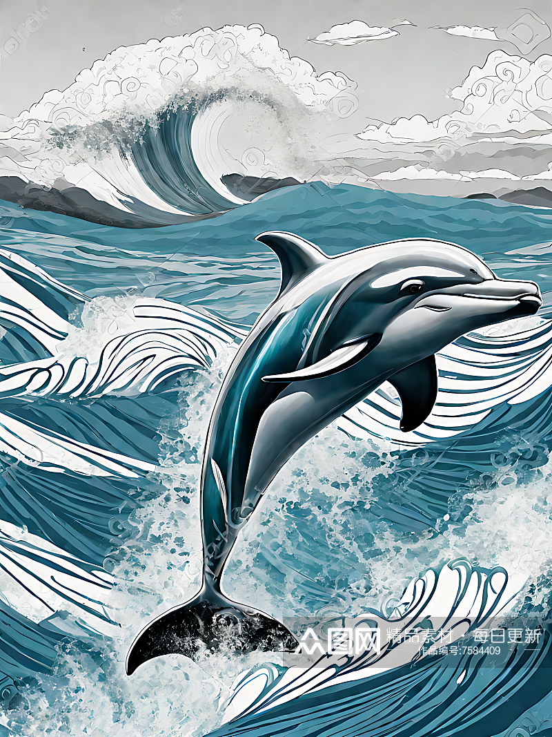 AI数字艺术海豚和浪花手绘插画素材