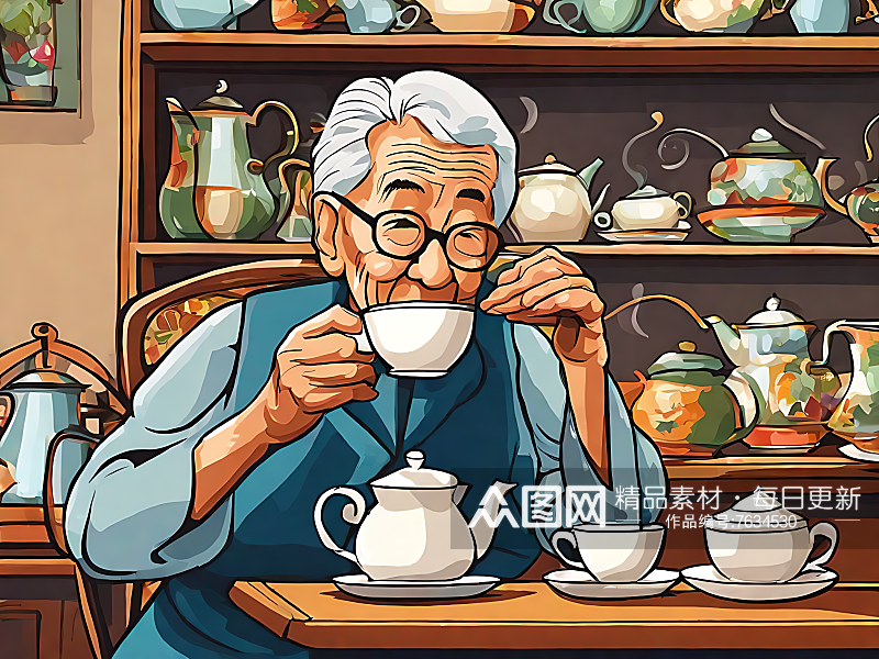 AI数字艺术喝茶的老人卡通插画素材