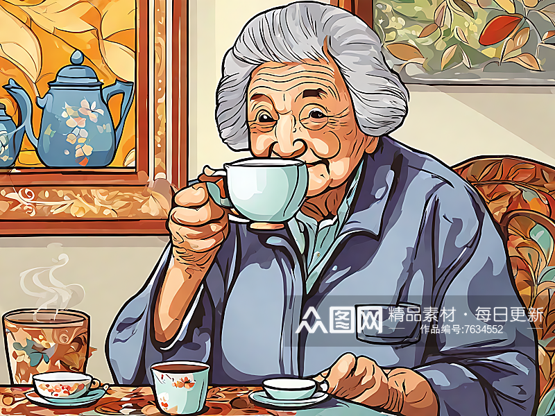 喝茶的老人卡通插画AI数字艺术素材