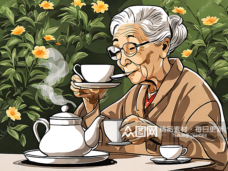 喝茶的老人卡通插画AI数字艺术素材