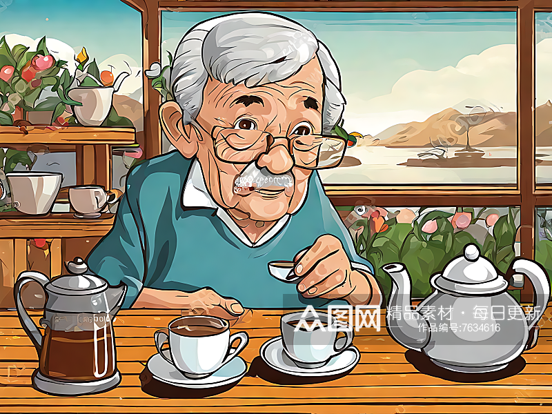 AI数字艺术喝茶的老人卡通插画素材