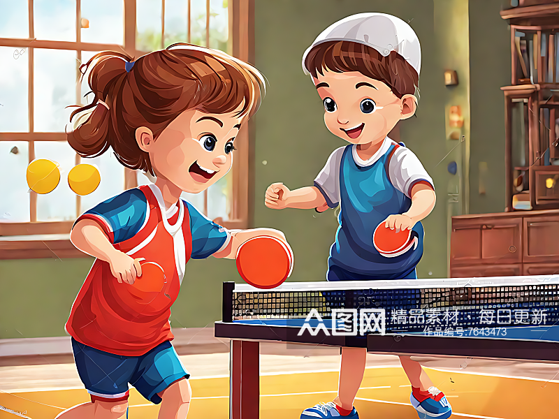 打乒乓球的小孩卡通插画AI数字艺术素材