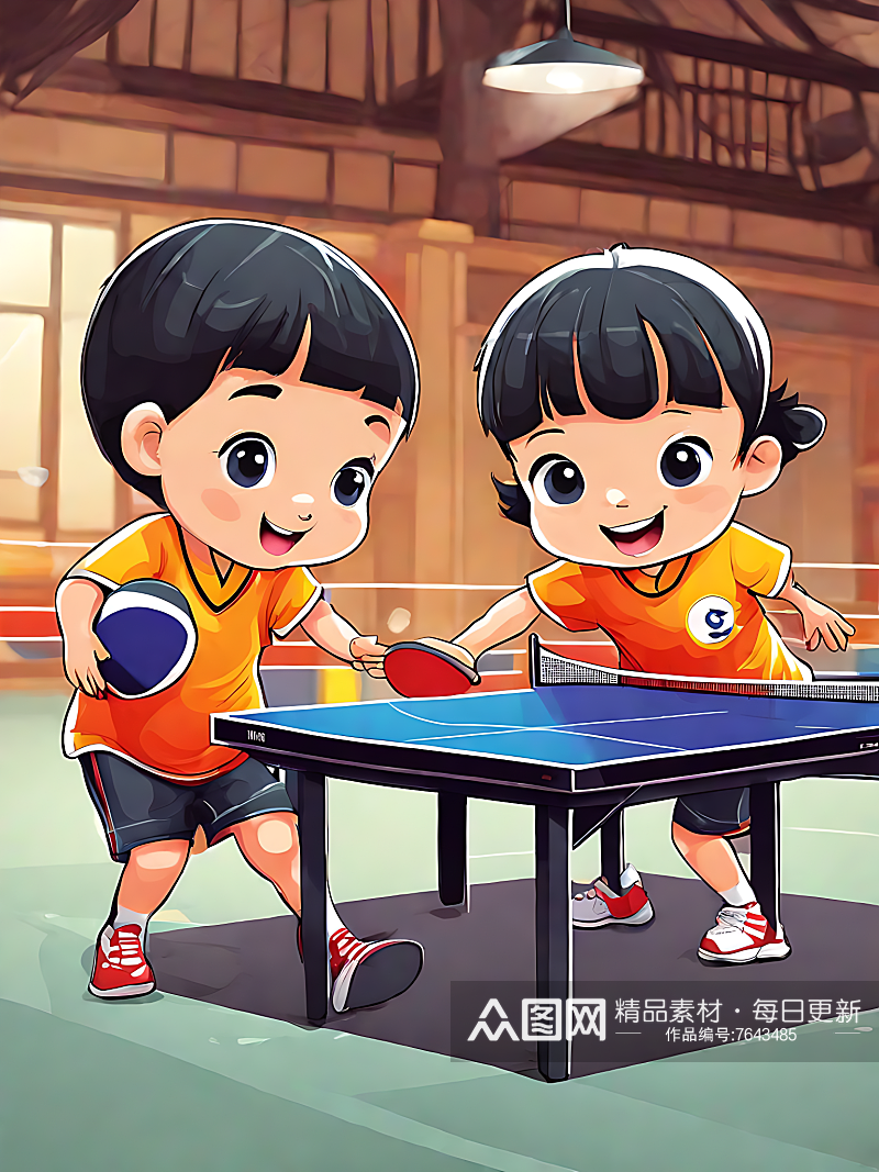 打乒乓球的小孩卡通插画AI数字艺术素材