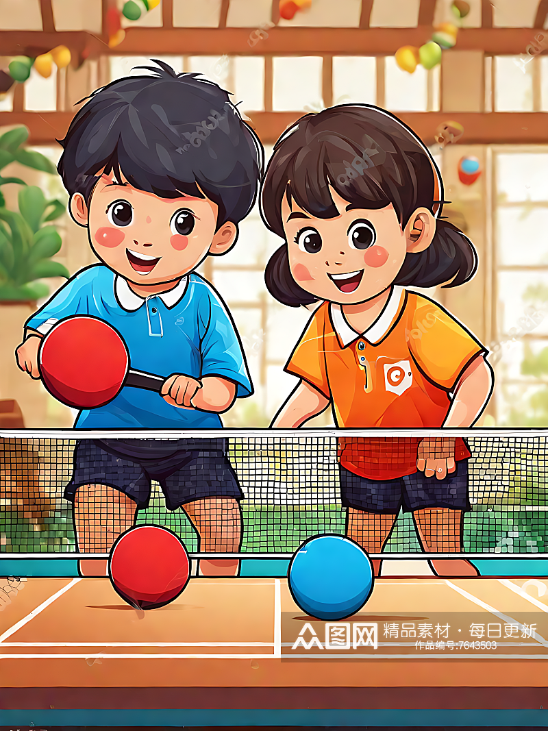 AI数字艺术打乒乓球的小孩卡通插画素材