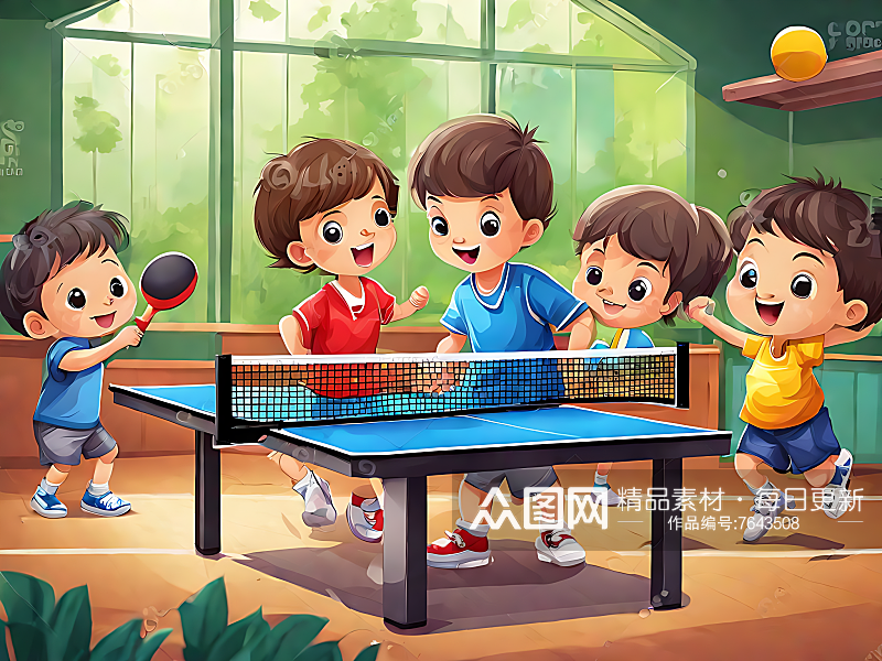 AI数字艺术打乒乓球的小孩卡通插画素材