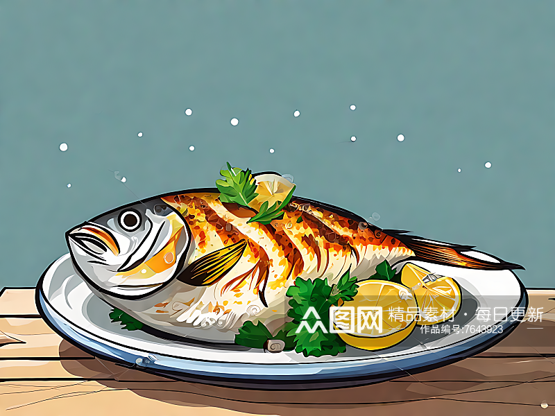 AI数字艺术烤鱼卡通插画素材