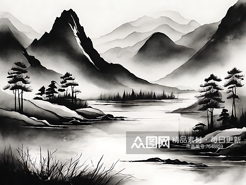 山脉河流水墨画图片AI数字艺术素材
