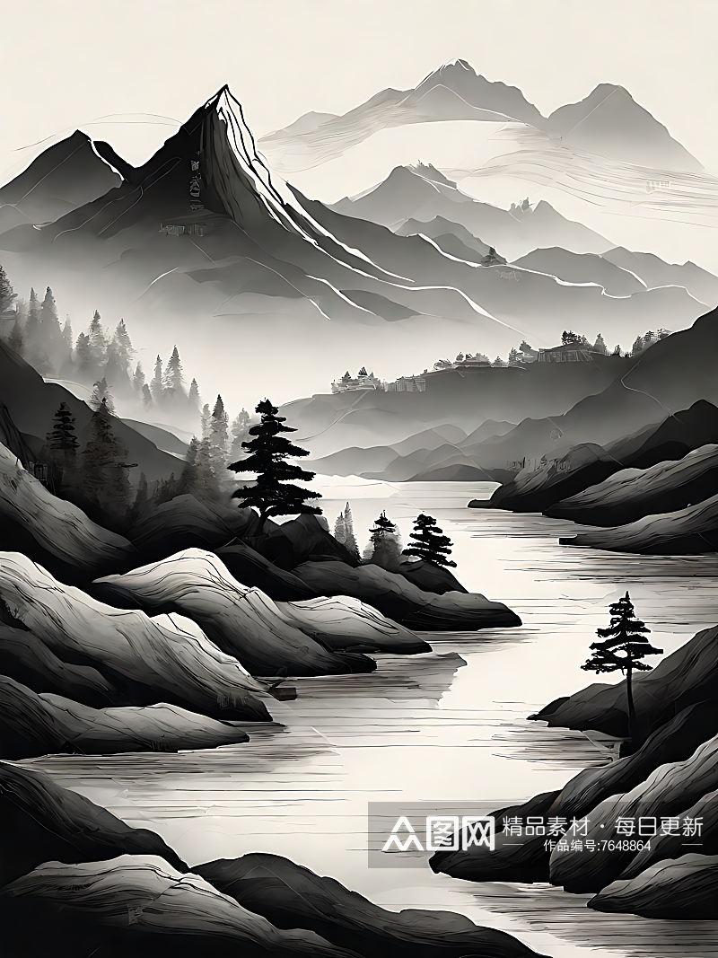 山脉河流水墨画图片AI数字艺术素材
