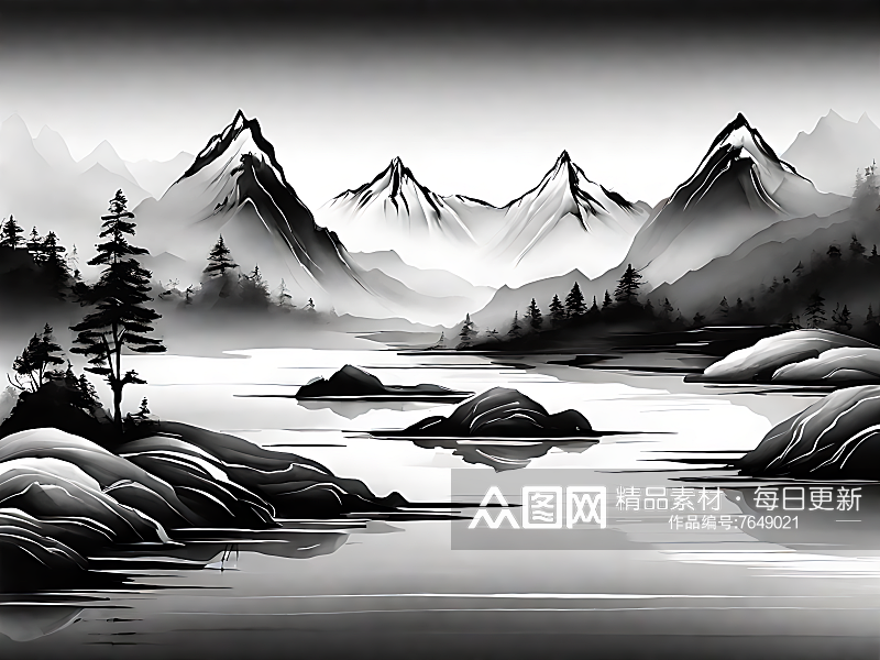 AI数字艺术山脉河流水墨画素材