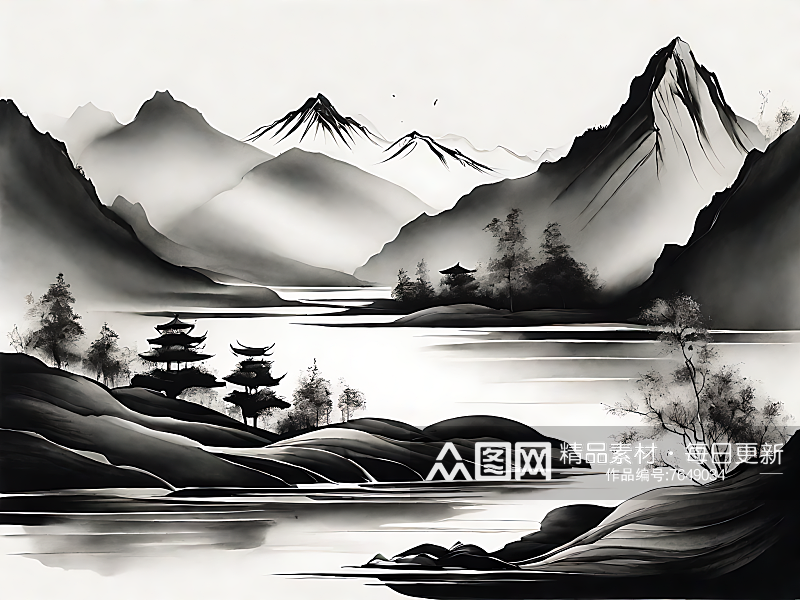 山脉河流水墨画AI数字艺术素材