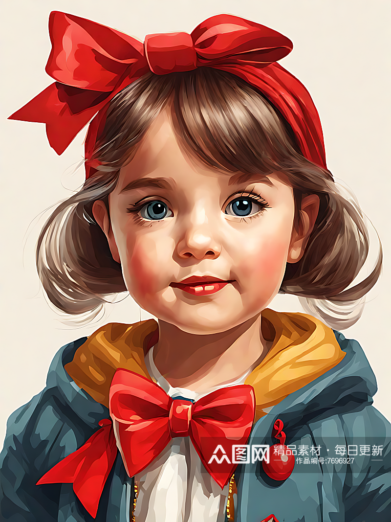 戴红色蝴蝶结的小女孩卡通插画AI数字艺术素材