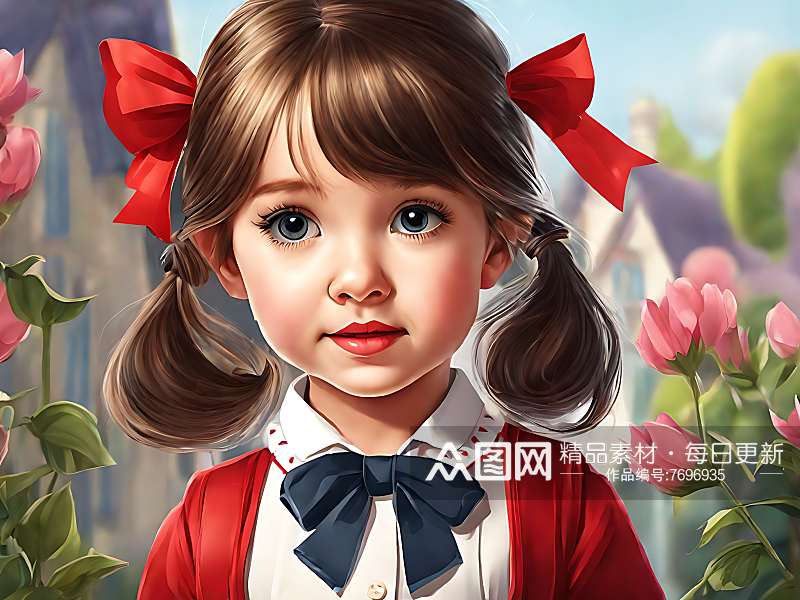 戴红色蝴蝶结的小女孩卡通插画AI数字艺术素材