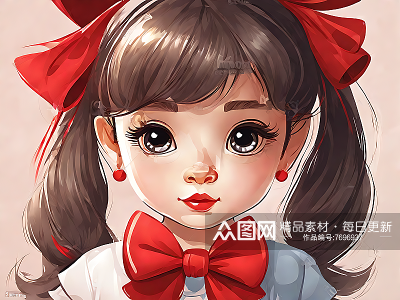 戴红色蝴蝶结的小女孩卡通插画AI数字艺术素材