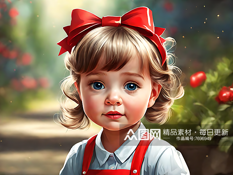戴红色蝴蝶结的小女孩卡通插画AI数字艺术素材