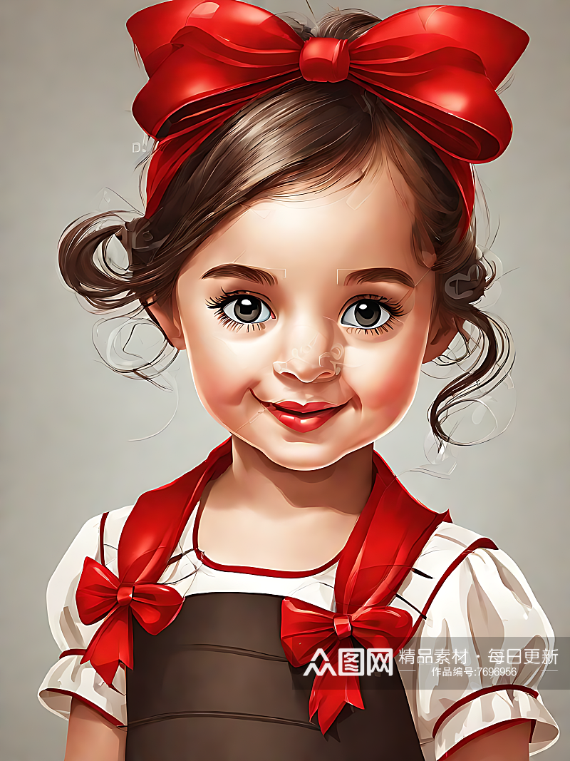 AI数字艺术戴红色蝴蝶结的小女孩卡通插画素材