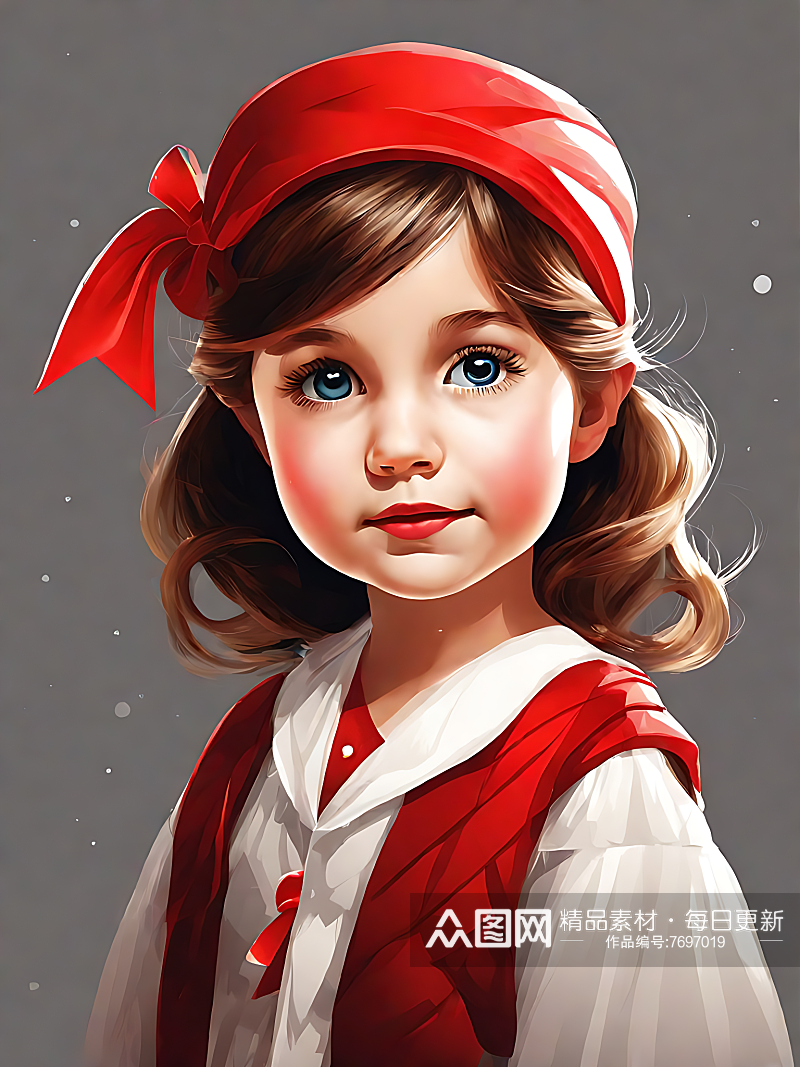 AI数字艺术戴红色蝴蝶结的小女孩卡通插画素材