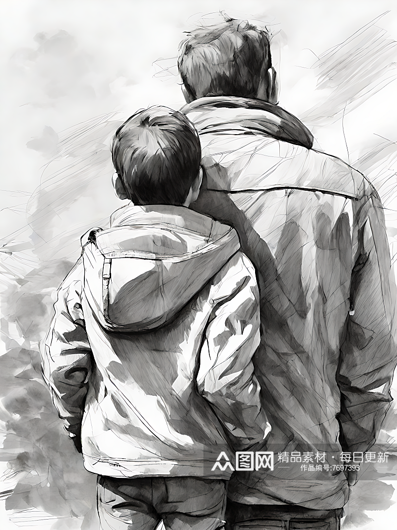 父亲与孩子的背影素描AI数字艺术素材