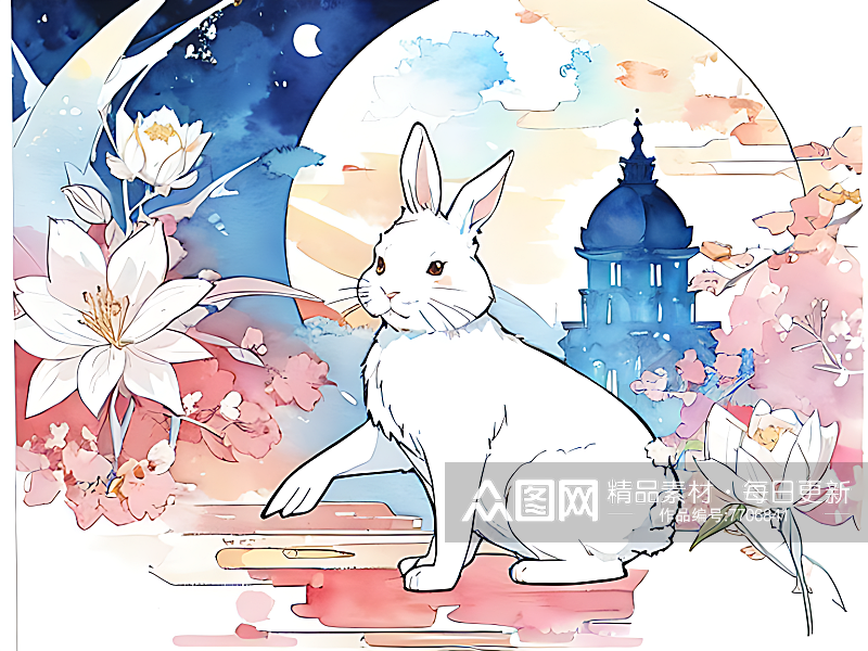 白兔水彩画AI数字艺术素材