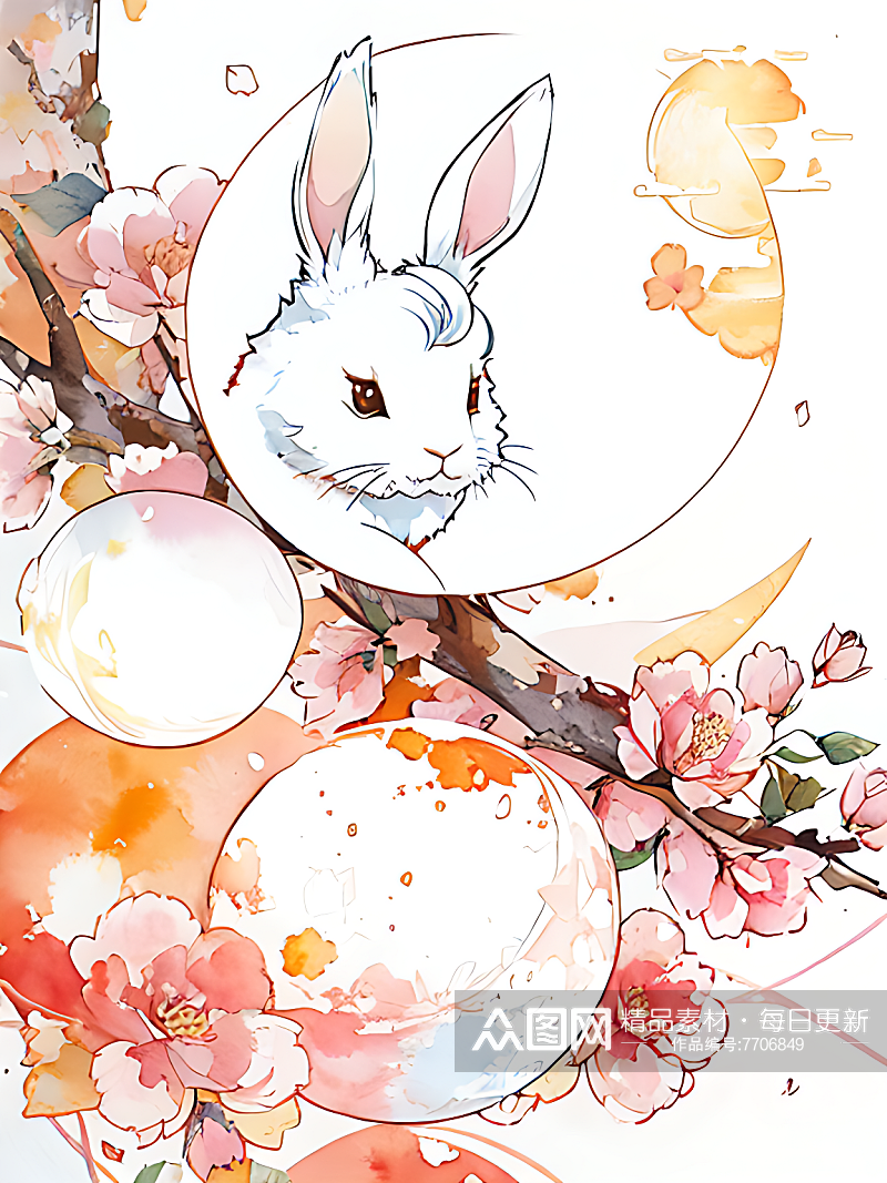 白兔水彩画AI数字艺术素材