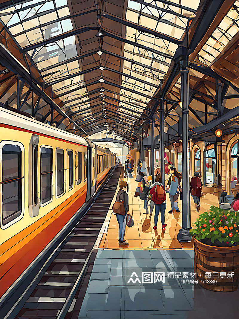 AI数字艺术火车站卡通插画素材