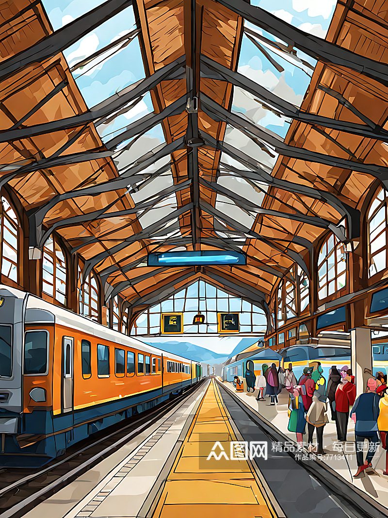 火车站卡通插画AI数字艺术素材