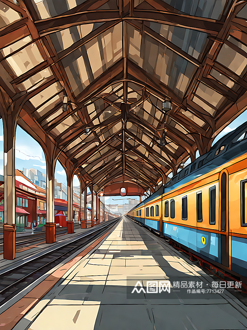 AI数字艺术火车站卡通插画素材