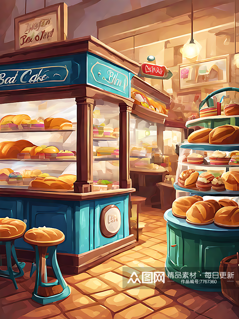 AI数字艺术面包蛋糕店铺卡通插画素材