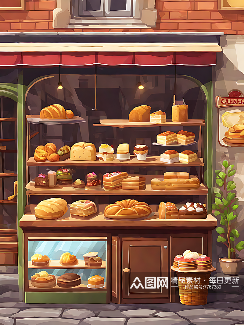 面包蛋糕店铺卡通插画AI数字艺术素材